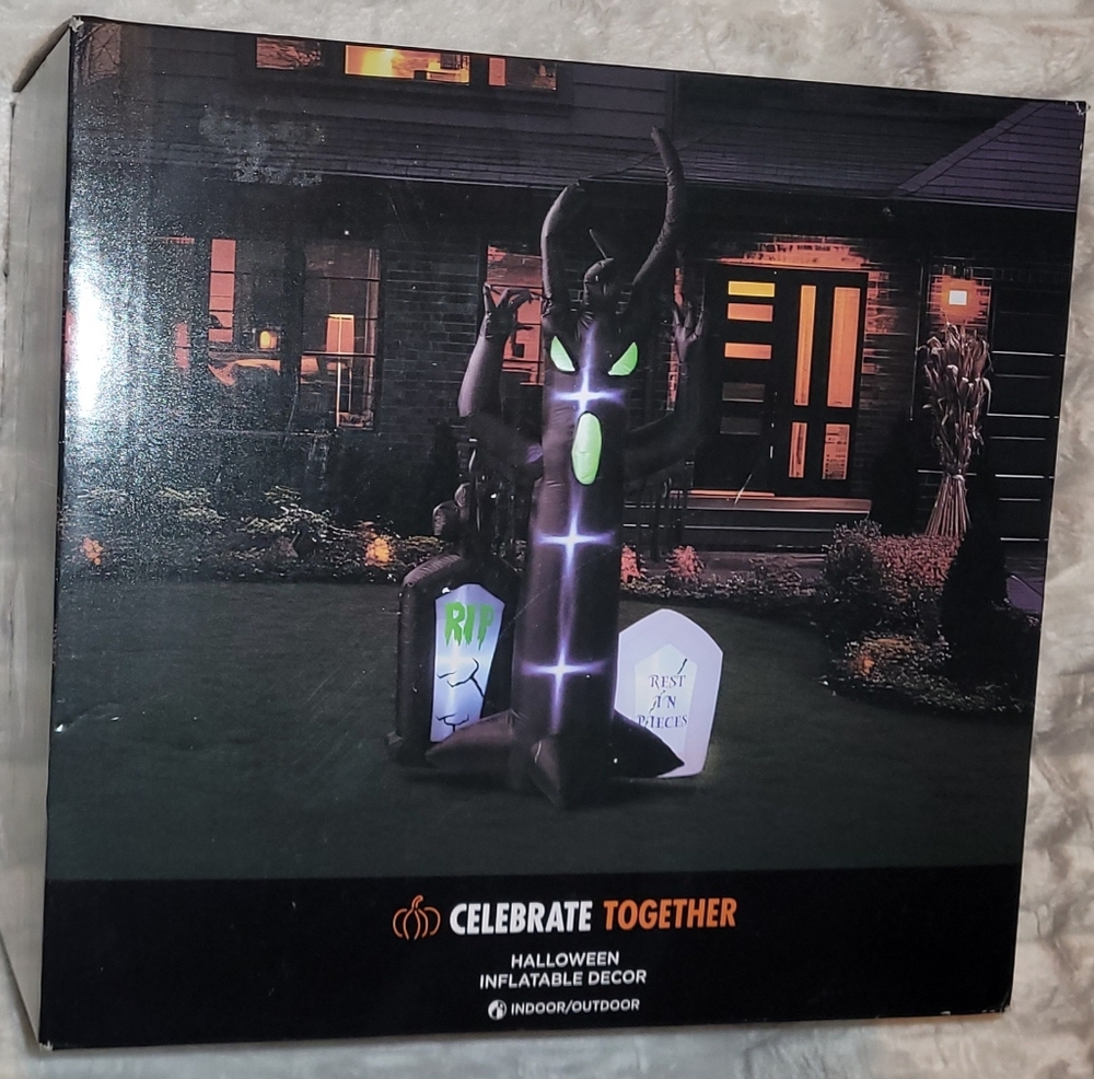 9 Ft Inflatable Spooky Tree & Headstones, Black, Green, And Grey